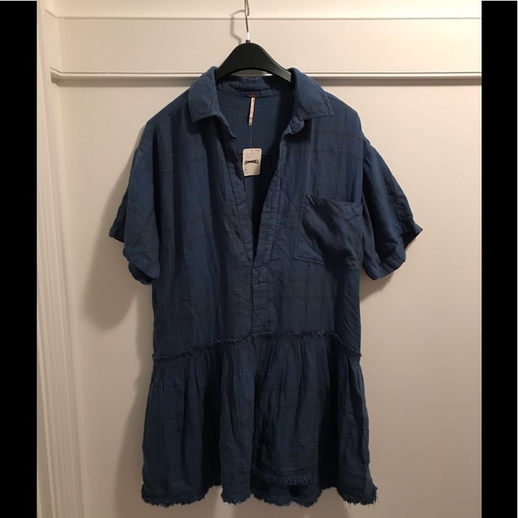 SALE NWT Free People Love Buzz Dress Med Blue Plaid - Picture 5 of 14